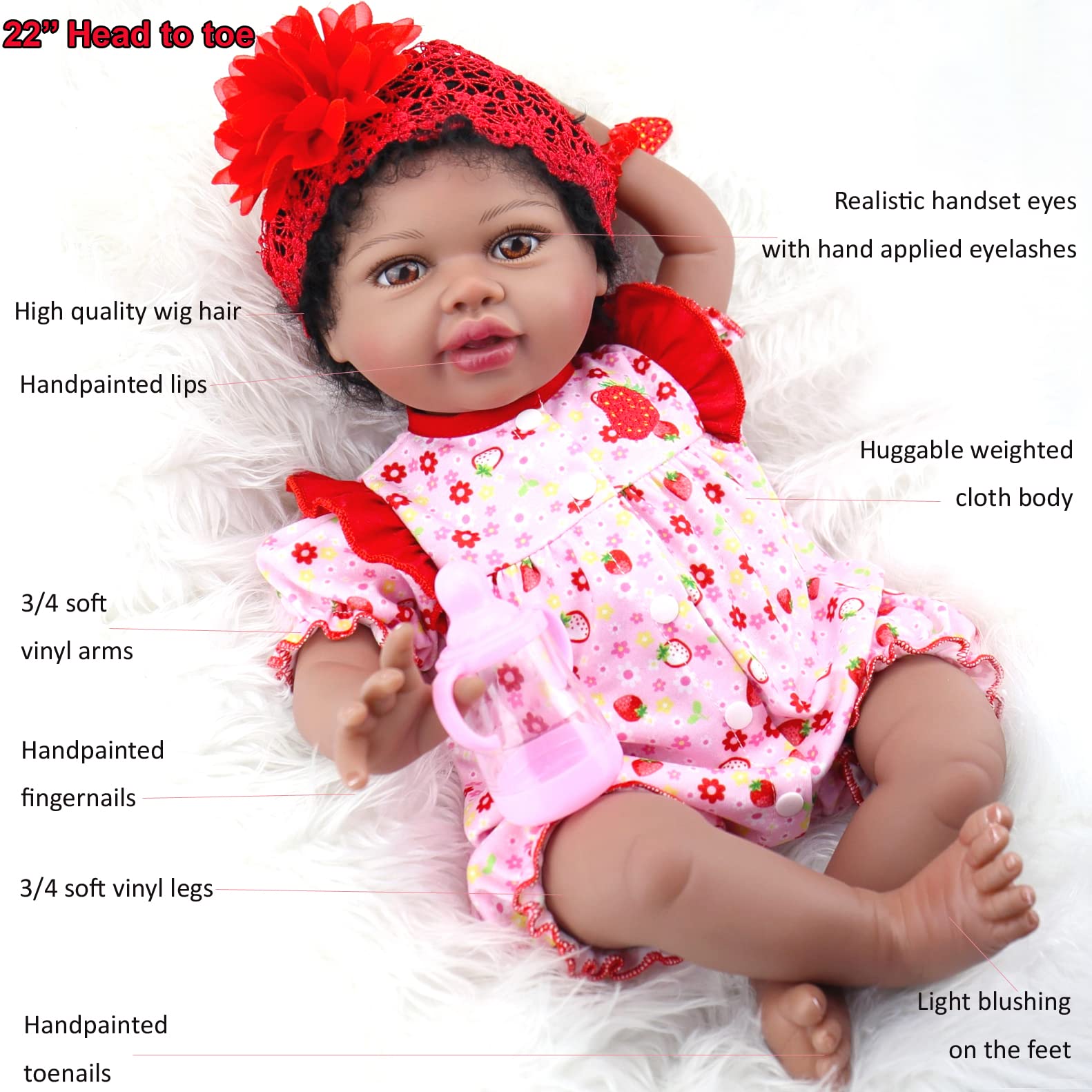 Aori Reborn Baby Dolls Lifelike Black 22 Inch Realistic African American Newborn Baby Girls That Look Real Body Weighted Soft Body Real Life Toddler Doll Strawberry Gift Set for Ages 3+