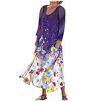 Dresses for Women 2024 Women's Casual Loose Sundress Vintage Summer Fashion Floral Printed V-Neck Short Sleeve Maxi Dresses