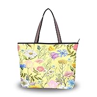 Spring Tote Bag for Women with Zipper Pocket Polyester Tote Purse Flower Handbag,7