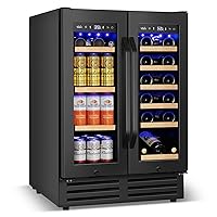Wine and Beverage Refrigerator Black, 24 Inch Beverage Cooler Under Counter Dual Zone with Glass Door&Lock, 18 Bottles and 68 Cans Large Capacity for Beer Soda Drink, Built-In or Freestanding Fridge