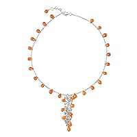 Franki Baker Orange Natural Carnelian (Cornelian) Gemstones & White Natural Pearl Necklace on 925 Sterling Silver Chain