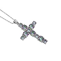 925 Sterling Silver Rainbow Fire Mystic Topaz 6 MM Round Gemstone Holy Cross Pendant Necklace November Birthstone Mystic Topaz Jewelry Birthday Gift For Wife (PD-8396)