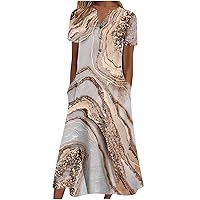 Short Sleeve Dress for Women Elegant Smocked Flowy Casual Formal Plus Size Summer Sexy V Neck Button Down Midi Dress