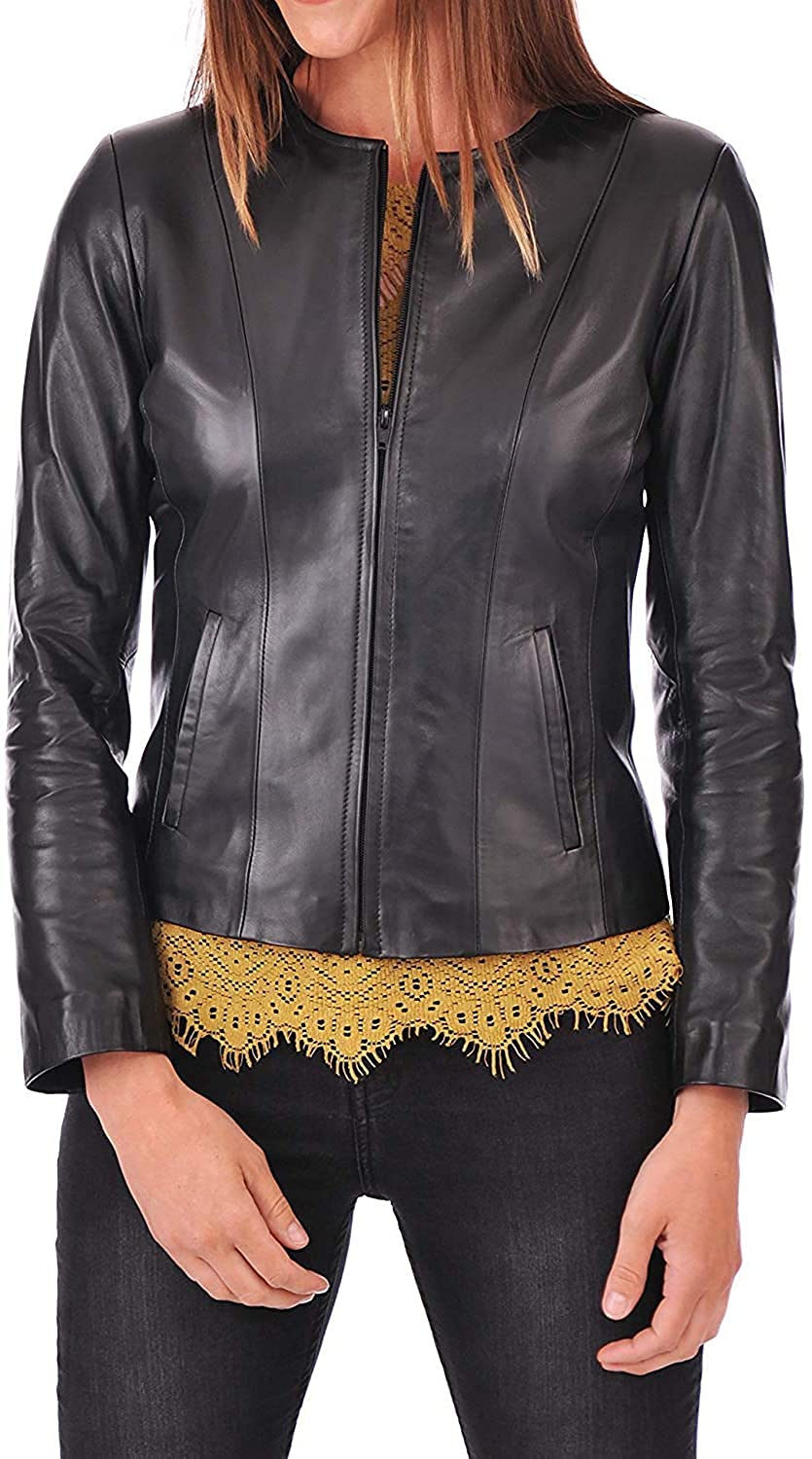 100% Leather Jacket for Women - Collarless Deep Neck & Slim Fit - Moto, Bomber, Biker Winter Casual Wear