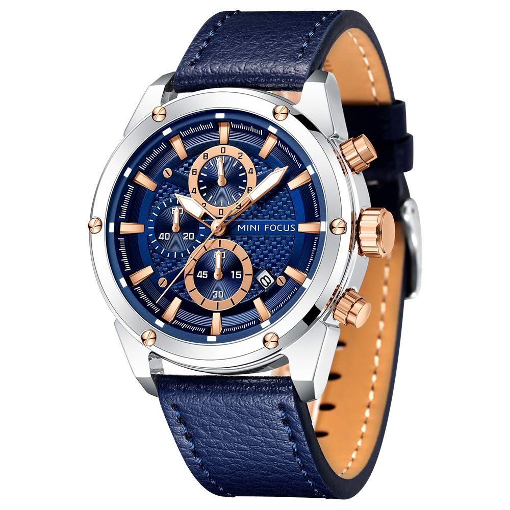 MF MINI FOCUS Mens Watch Business Casual Wrist Watches (Multifunction/Waterproof/Luminous/Calendar) Leather Strap Fashion Watch for Men