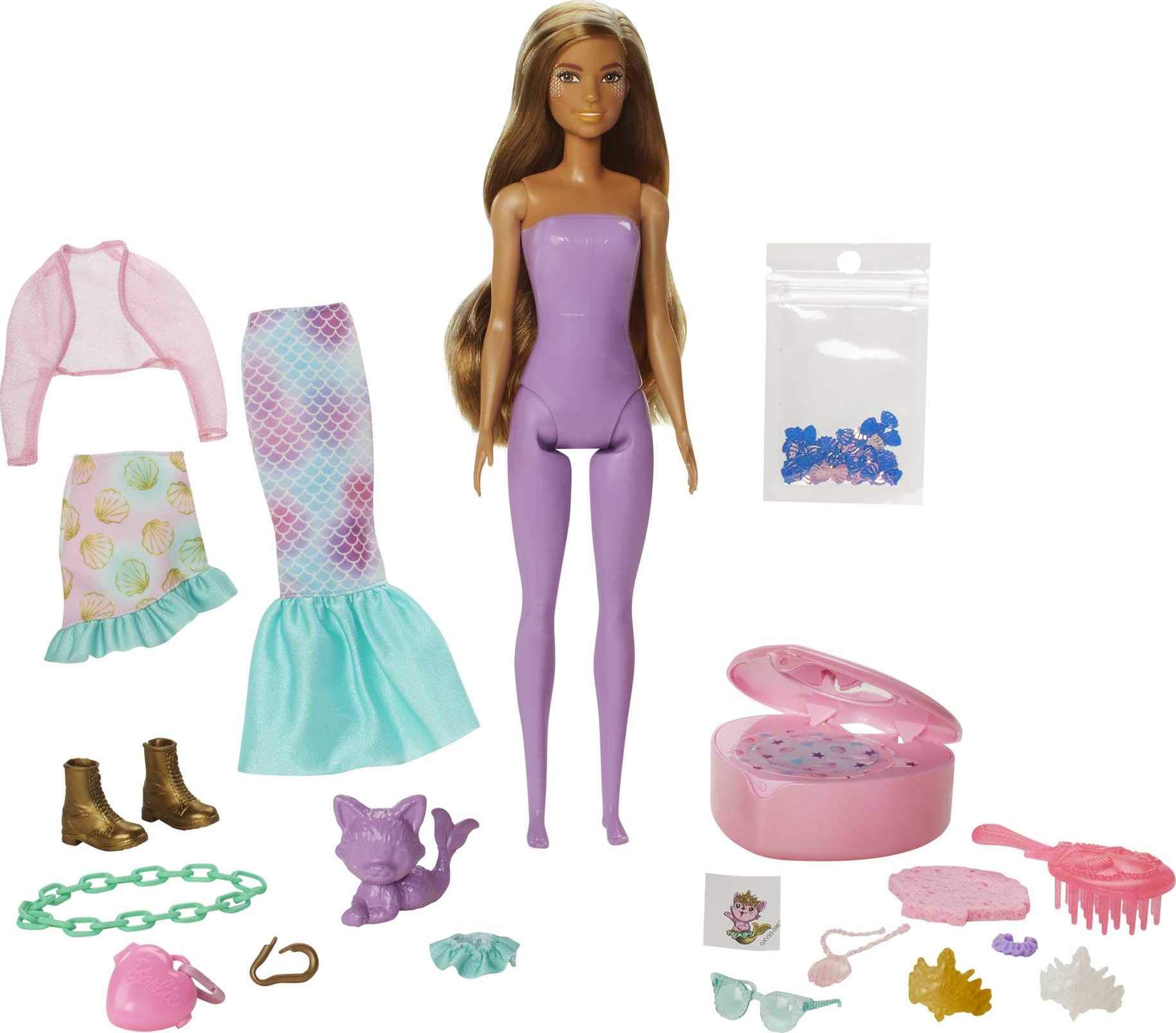 Barbie Color Reveal Peel Mermaid Fashion Reveal Doll Set with 25 Surprises Including Purple Peel-able Doll & Pet & 16 Mystery Bags with Clothes & Accessories for 2 Mermaid-Inspired Looks