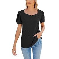 Women's Tops Fashion Casual Solid Color Square Neck Puff Short Sleeve T-Shirt Soft Lightweight Loose Top, S-2XL