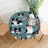 Border Collie Florals Print Round Tablecloth 60 Inch Table Cloth Circular Table Cover for Dining Kitchen Banquet Dinner