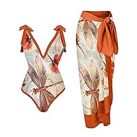 Bikini Bathing Suit for Women 2 Piece Set Vintage Print Sexy V-Neck One Piece Swimsuit with Beach Cover Up Long Skirt