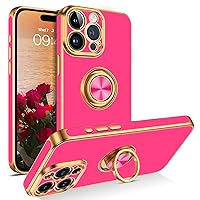 GUAGUA Compatible with iPhone 15 Pro Case 6.1 Inch with 360° Ring Holder Kickstand Magnetic Car Mount Supported Slim Soft TPU Shockproof Protective Edge Plating Case for iPhone 15 Pro, Hot Pink