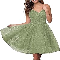 Shine Tulle Homecoming Dresses for A-Line V Neck Spaghetti Straps Backless Lace Up Back Cocktail Gowns