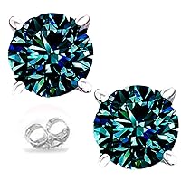 Silver Plated Round Real Moissanite Stud Earrings (6.00 Ct,White Gray Blue Color,VVS1 Clarity)