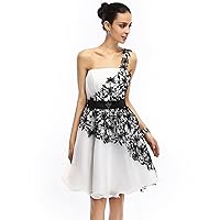 White One Shoulder Organza Knee Length Cocktail Dress With Black Lace