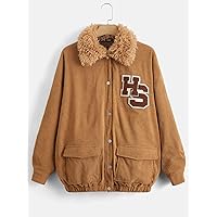 Jackets for Women - Letter Patched Borg Collar Drop Shoulder Corduroy Jacket (Color : Brown, Size : X-Small)