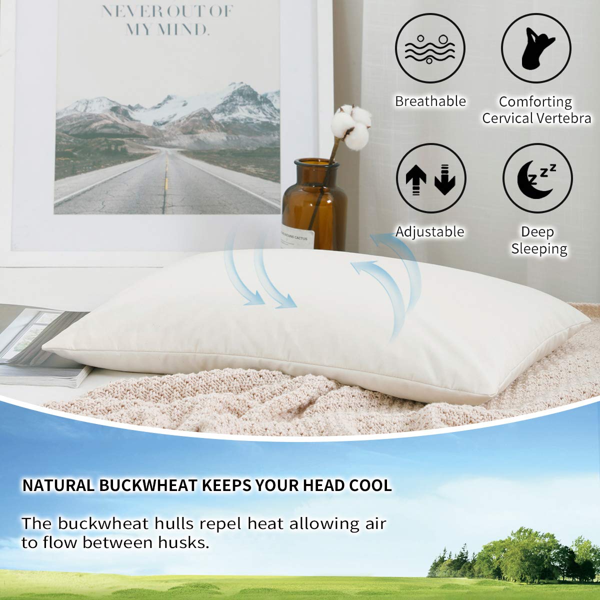 LOFE Organic Buckwheat Pillow for Sleeping - Small Travel Size14x20, Adjustable Loft, Breathable for Cool Sleep, Cervical Support for Back and Side Sleepers(Tartary Buckwheat Hulls)