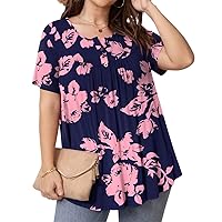 BISHUIGE Women's Plus Size Tunic Tops Button Henley Casual T Shirts V Neck Short Sleeve Pleated Blouses
