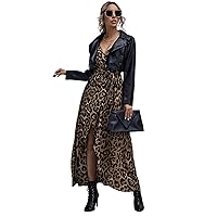 Verdusa Women's Leopard Print Split Thigh Sleeveless with Belt Flowy Wrap Cami Long Dress