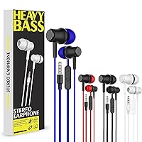4Pack Earbuds Headphones with Microphone, 3.5mm Interface in-Ear Earbuds Wired Headphones with Powerful Heavy Bass Stereo,Compatible with iPhone iPad Laptop MP3 MP4 Android - Black White Red Blue