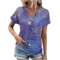 Womens Tops Summer Casual Short Sleeve Shirts Floral Printed Button Pleated V Neck Blouses 2024 Dressy T Shirt