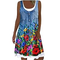 Fake Two Piece Dress for Women Summer Casual Scoop Neck Sleeveless Floral Denim Print Tank Dress Loose Flowy Sundress