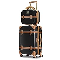 World Traveler Gatsby Vintage Style Hardside Carry-On Retro Train Case Spinner Luggage, Black, 2-Piece Set (Tote/20-Inch)