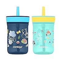 Contigo Leighton Kids Plastic Water Bottle, Spill-Proof Tumbler with Straw for Kids, Dishwasher Safe, 14oz 2-Pack, Blueberry/Spaghetti & Jade/Penguin