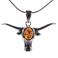 BALTIC AMBER AND STERLING SILVER 925 BULL ANIMAL HEAD PENDANT NECKLACE - 10 12 14 16 18 20 22 24 26 28 30 32 34 36 38 40