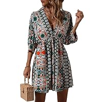 Graphic Print Tie Back Plunging Neck Batwing Sleeve Dress
