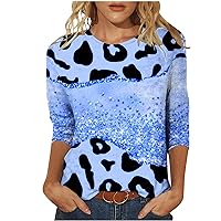 Womens Cow Print Color Block 3/4 Sleeve Casual Tops Summer Trendy Loose Fitted Funny Crewneck Going Out T-Shirts
