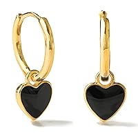 Small Black Enamel Heart Earrings Huggies for Women Girls 14k Gold Plated Sterling Silver Fashion Jewelry The Perfect Everyday Hoops 10mm