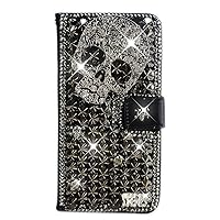 Crystal Wallet Case Compatible with iPhone 14 Pro Max - Punk Rivet Skull Black 3D Handmade Sparkly Glitter Bling Leather Cover Screen Protector & Beaded Phone Lanyard, (2022) 6.7-inch
