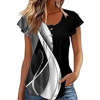 T Shirts for Women Trendy Women's Short Sleeve Tunic Loose Tops Casual Plus Size Pleated Button Down T-Shirts