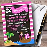 Stripy Pink Girls Pirate Childrens Birthday Party Invitations