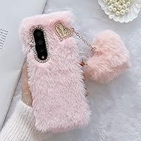 for Samsung Galaxy Z Fold 3 Plush Case with Heart Plush Pendant Wood Diamond Warm Plush Cute Case for Girls Women Fluffy Furry Back Slim Shockproof Cover for Galaxy Z Fold 3 5G Pink