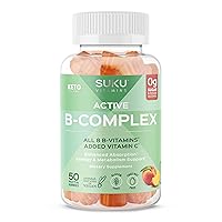 SUKU Vitamin B Complex Gummies with Vitamin C – Sugar Free Vegan 8 B Vitamins Complex Gummy Supplement Increases Cell Development, Improves Metabolism & Collagen Formation, Peach Flavour (50 Gummies)