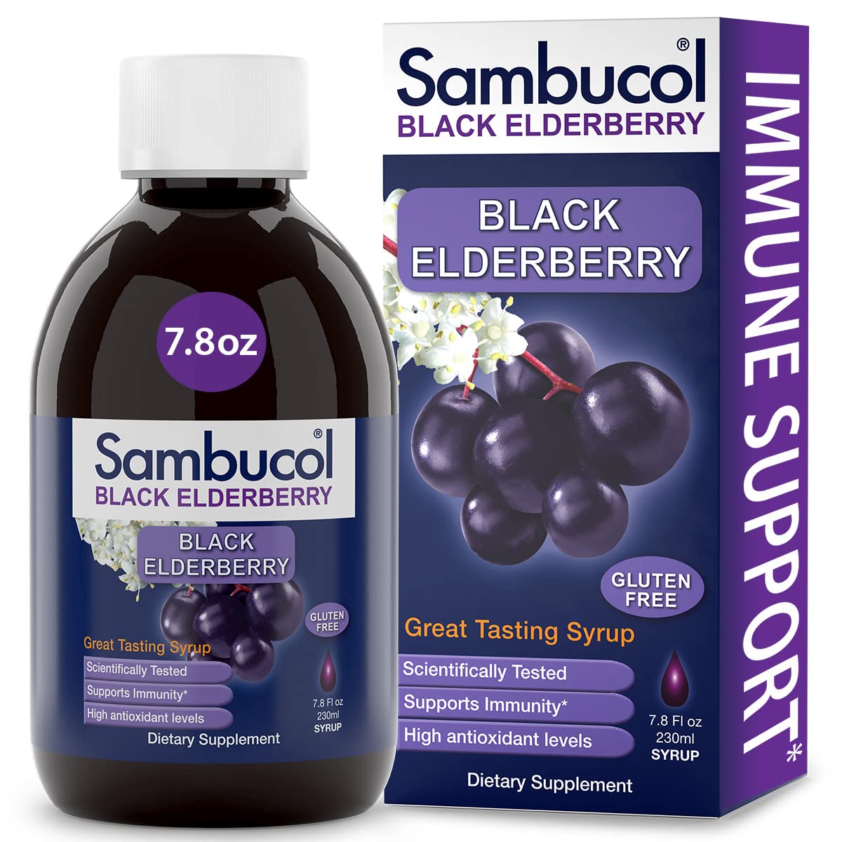 Sambucol Black Elderberry Syrup - Sambucus Elderberry Syrup, Black Elderberry Liquid, Immune Support, Elderberry Syrup for Kids and Adults, High Antioxidants, Gluten Free - Original Formula, 7.8 Fl Oz