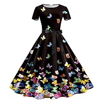 White Sundresses for Women,Women Print Round Neck Short Sleeve 1950s Evening Party Prom Dress Womens Clothes Dr