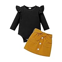Pant Outfit Infant Girls Ruffles Long Sleeve Ribbed Romper Bodysuits Skirt with Pocket Outfits New Baby Girl Clothes Winter (Black, 6-9 Months)