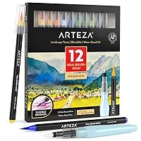 ARTEZA Real Brush Pens, Set of 12, Landscape Tones, Blendable Watercolor Markers and 1 Water Brush, Art Supplies for School, Home, and Office