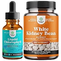 Bundle of Natural Chlorophyll Liquid Drops for Water and White Kidney Bean Energy Booster - Anti Aging Skin Care and Immune Support - - White Kidney Bean Extract Pill and Natural Vegetarian Supplement