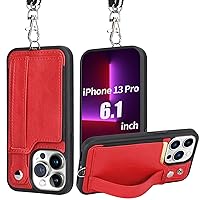 TOOVREN iPhone 13 Pro Lanyard Case, iPhone 13 Pro Wallet Case with Leather Card Holder Kickstand Adjustable Detachable Neck Strap Protective Back Cover for Apple iPhone 13 Pro 6.1