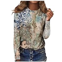 FYUAHI Women's Trendy Casual Long Sleeve Tops Floral Print Round Neck Pullover Top Fall Womens Blouse 2023