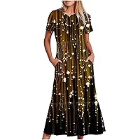 Dresses for Women 2024 Sparkly Sequin Dress Casual Crewneck Short Sleeve Flowy Dress Maxi Beach Dress with Pockets