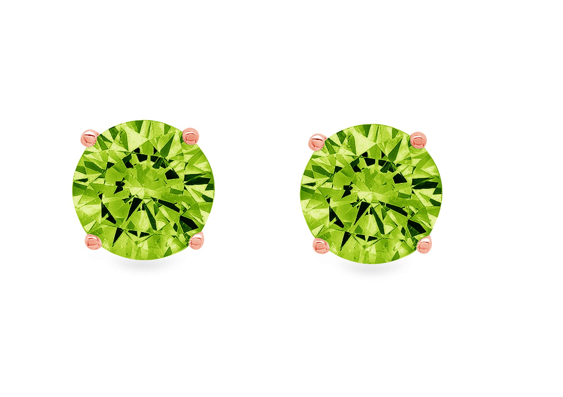 1.1ct Brilliant Round Cut Solitaire Designer Genuine Natural Light Green Peridot Gemstone Flawless pair of Stud Earrings Solid 14k Pink Rose Gold Butterfly Push Back