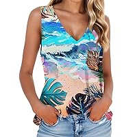 Hawaiian Shirt Tank Top for Women Summer Vest Vacation Sleeveless V Neck Camisole Sexy Tops Sea Print Athletic Fit Tees