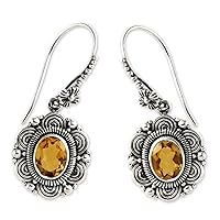 NOVICA Artisan Handmade Citrine Flower Earrings Floral .925 Sterling Silver Dangle Yellow Indonesia Misted Cognac 'Balinese Sunflower'