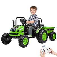 12V Kids Ride-On Tractor with Trailer, Remote Control, Music, LED Lights, Rear Wheels Suspension - Battery Powered Electric Vehicle Toy, Green