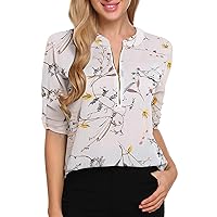Women's V Neck Chiffon Blouse Zip Front Work Casual Top 3/4 Roll Sleeve Floral/Solid Tunic Dress Shirts