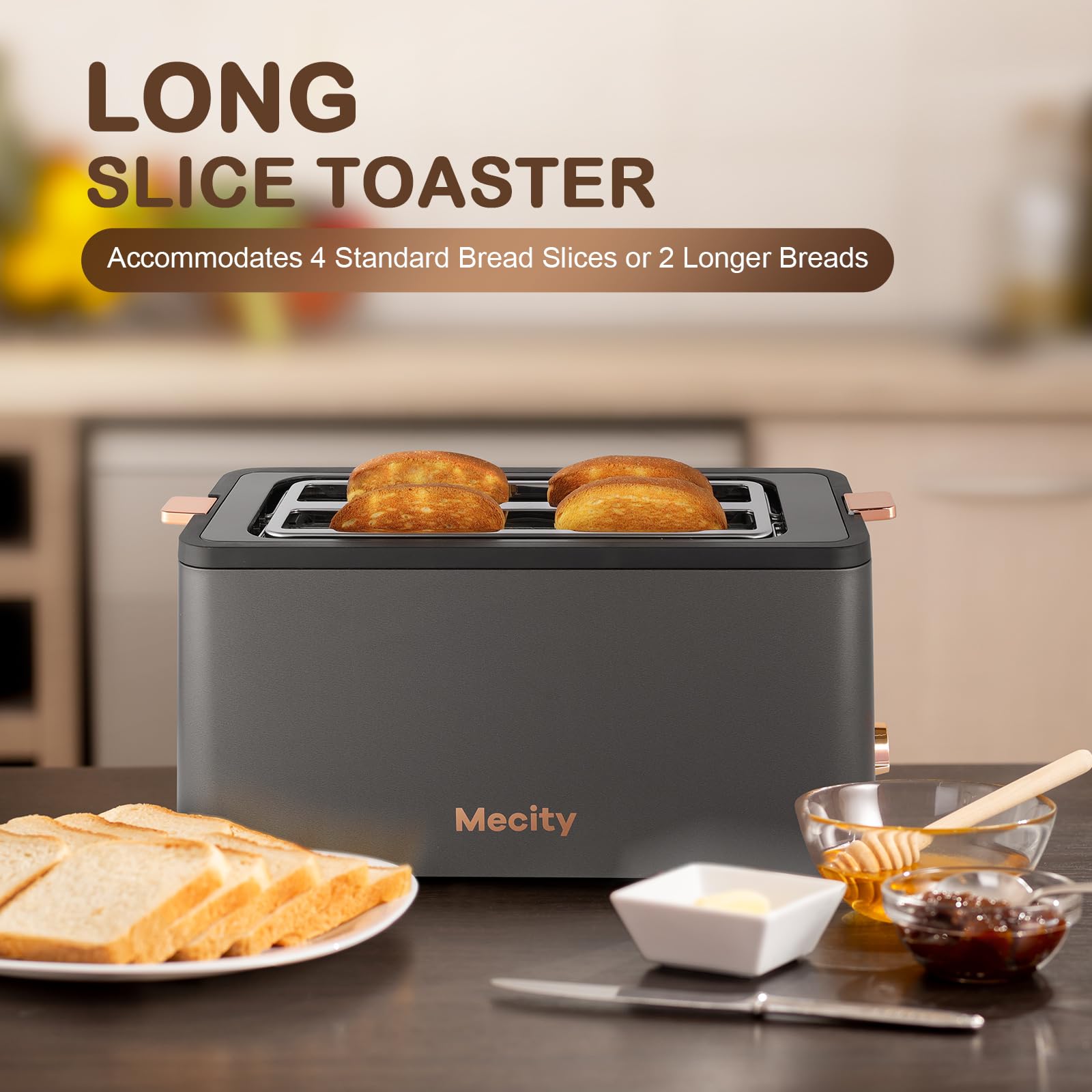 Mecity 4 Slice Toaster, Long Slot Toaster With Countdown Timer, Bagel / Defrost / Reheat / Cancel Functions,Warming Rack, removable Crumb Tray, 6 Browning Settings, Extra Wide Long Slots, Stainless Steel Bread Toaster, 1300 Watts， Grey & Golden