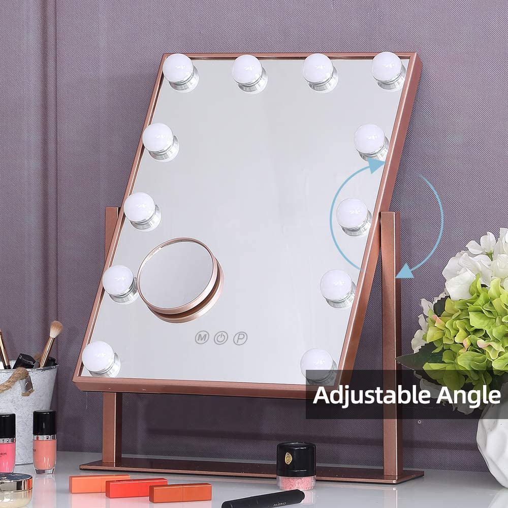 FENCHILIN Lighted Makeup Mirror Hollywood Mirror Vanity Makeup Mirror with Light Smart Touch Control 3Colors Dimable Light Detachable 10X Magnification 360°Rotation(Rose Gold)